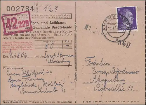 795 Freimarke 6 Pf. EF auf Orts-Überweisungskarte AHRENSBURG 5.4.1944