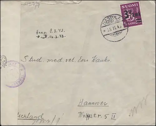 Censure Lettre de Finlande 277 Lion avec impression NASTOLA 25.11.1943 après Hanovre