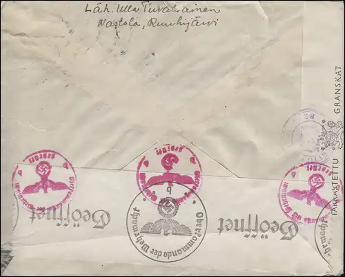 Censure Lettre de Finlande 277 Lion avec impression NASTOLA 25.11.1943 après Hanovre