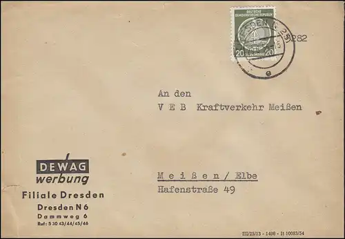 ZKD Dienstmarke A 20 Pf EF auf Brief DEWAG Werbung DRESDEN 29.6.1955 nach Meißen