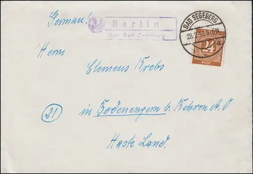 Landpost Berlin über BAD SEGEBERG 28.2.47 auf Briefvorderseite mit EF 925