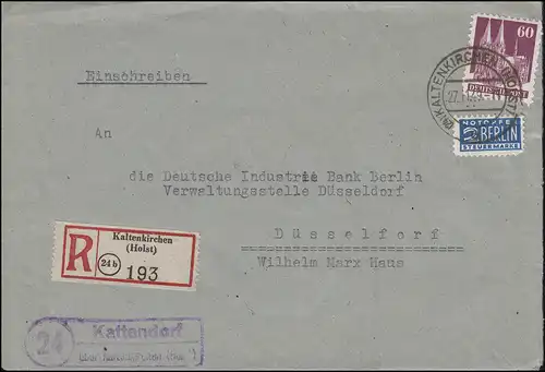 Landpost Kattendorf über KALTENKIRCHEN (HOLST) 27.11.1949 auf Briefvorderseite