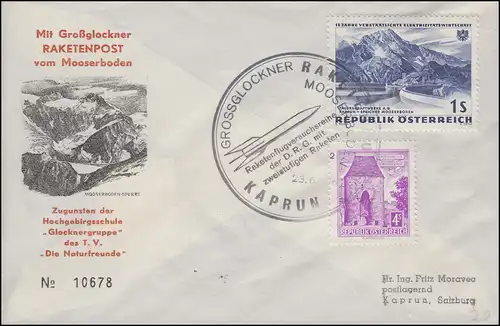 Autriche Grossglockner Roquettepost Lettre MOOSERBODEN 23.6.1962 n. Kaprun 25.6.
