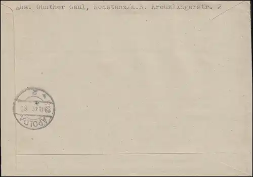 4+11 Freimarken 12+75 Pf mit Wappen 1+5+15 Pf R-Bf. KONSTANZ 22.11.47 n. Apolda