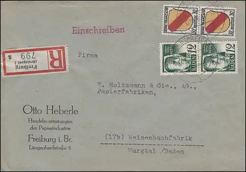 4 Freimarke 12Pf 2mal mit Wappen 30 Pf 2mal auf R-Bf FREIBURG/BREISGAU 10.6.1947