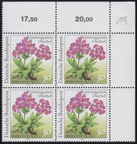 1506F Rennsteiggarten Wulfens Primel 50 Pf. OHNE Fluoreszenz, Eck-Vbl. o.r. **