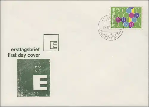 Liechtenstein 398 EUROPA / CEPT 1960 auf Schmuck-Blanko-FDC VADUZ 19.9.1960