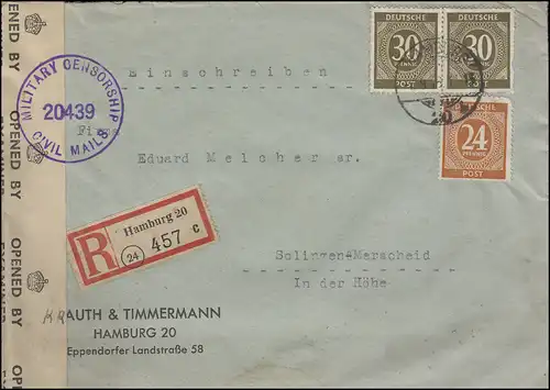 Zensur MILITARY CENSORSHIP CIVIL MAIL 20439 auf R-Brief HAMBURG 7.9.1946