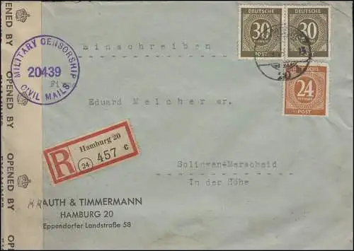 Zensur MILITARY CENSORSHIP CIVIL MAIL 20439 auf R-Brief HAMBURG 7.9.1946