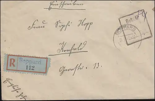 Gebühr-bezahlt-Stempel mit Not-R-Zettel BOPPARD 5.5.1947 nach Krefeld 9.5.
