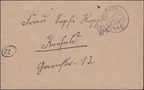 Gebühr-bezahlt-Stempel auf Brief BOPPARD 24.11.1945 nach Krefeld