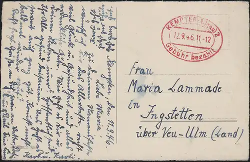 Gebühr-bezahlt-Stempel KEMPTEN (ALLGÄU) 2 - 12.9.1946 auf Weihnachtskarte
