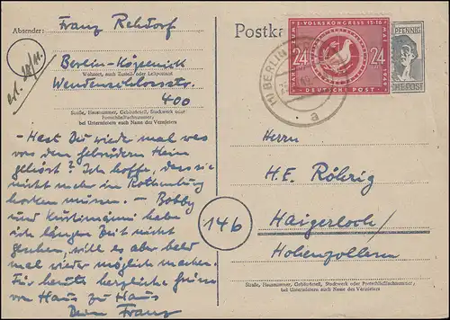P 962 surcollé à 232 Congrès populaire BERLIN-KÖPENICK 25.10.1949 après Haigerloch