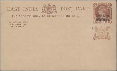 Inde orientale carte postale marron QUARTER ANNA avec impression noire GWALIOR, non utilisé