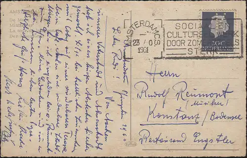 Pays-Bas 622 Reine Juliane avec trou K comme carte de vue EF AMSTERDAM 1961