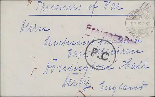 Kriegsgefangenenpost Briefvorderseite Freigegeben P.C.-Stempel UERDINGEN 6.7.18