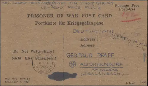 Kriegsgefangenenpost Postkarte für Kriegsgefangene PASSED BY ARMY 1089 / 17.1.45