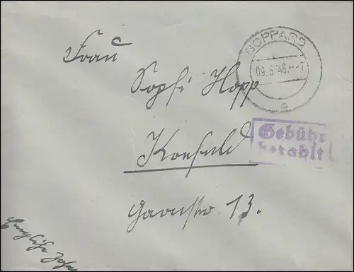 Gebühr-bezahlt-Stempel auf Brief BOPPARD 9.6.1946 nach Krefeld