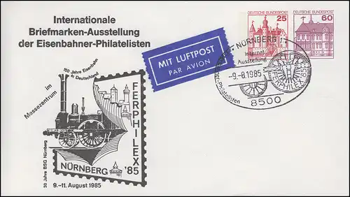 Affaire entière PU 218/3 Exposition cheminotiste-philatéliste SSt NÜRNBERG 9.8.1985