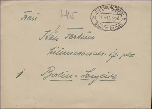 Gebühr-bezahlt-Stempel OFFENBURG (BADEN) 31.3.1947 auf Brief n. Berlin-Steglitz