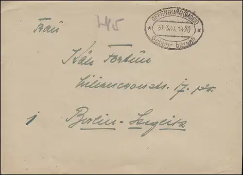 Temple payant OFFENBURG (BADE) 31.3.1947 sur lettre n. Berlin-Steglitz