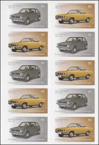 FB 66 Automobiles: VW Golf et Opel Manta, feuille de 5x3301 + 5 x 3302, **