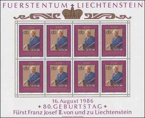 903 Jubiläum 80. Geburtstag Fürst Franz Josef II. 1986, Kleinbogen **