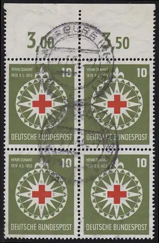 164 Rotes Kreuz / Henri Dunant als Oberrand-Viererblock, gestempelt WARBURG 1954