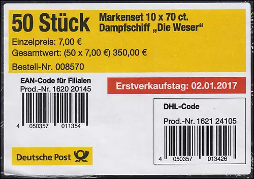 FB 62 Bateau à vapeur Weser 2017, feuille feuille de feuille avec code DHL