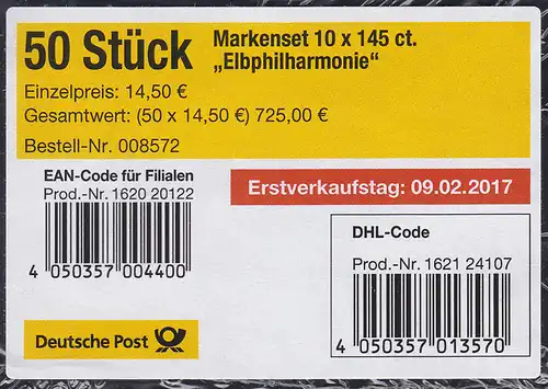 FB 63 Eröffnung der Elbphilharmonie, Folienblatt-BANDEROLE mit DHL-Code