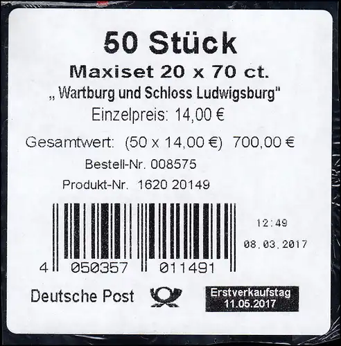 FB 67 Wartburg und Schloss Ludwigsburg, Folienblatt-BANDEROLE ohne DHL-Code