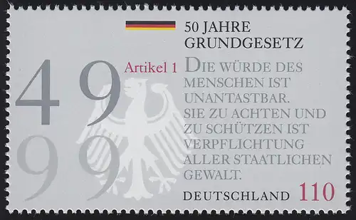 2050 Einzelmarke aus Block 48 Jubiläum 50 Jahre Grundgesetz, postfrisch