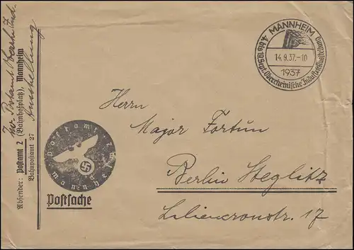 Timbre postale de Mannheim sur la poste SSt MANNHEIM 14.9.1937 à Berlin