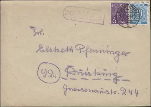 Landpost Bergkirchen au sujet de WUNSDORF 4.2.1948 Fax-Lettre 924+944 MiF n. Duisburg