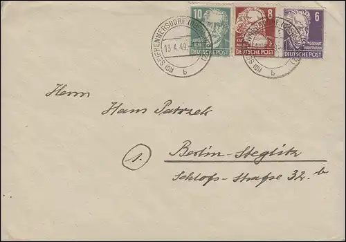 215b Bebel, 213+214, sur lettre SÉJOUR (SÉANCE DE LA BÉBÉ) 13.4.1949