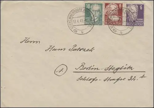 215b Bebel mit 213+214 auf Brief SEIFHENNERSDORF (OBERLAUSITZ) 13.4.1949