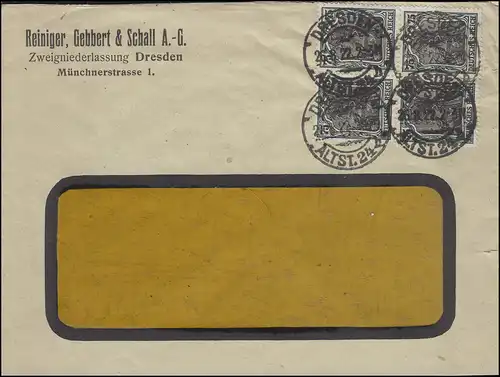 104 Germania 75 Pf. en tant que bloc quadruple sur la lettre de fenêtre DRESDEN-ALTVADT 26.8.1922