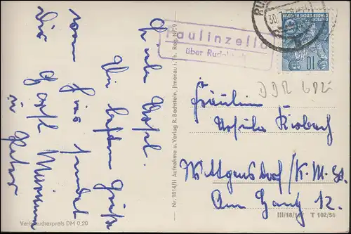 Landpost Paulinzella über RUDOLSTADT 30.7.1958 auf AK Klosterschenke
