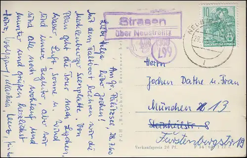 Landpost Strasen sur NEUSTRELITZ 29.7.60 sur AK Waren-Müritz