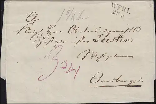 Preußen Vorphilatelie Briefhülle Zweizeiler WERL 12.2. und Ausgabestempel 22.2.