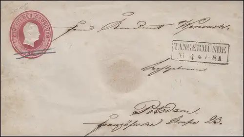 Prusse Enveloppe 1 Sgr. rose, cachet de caste TANGERMÜNDE 26.4. vers Potsdam 27.4.