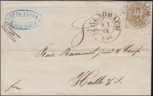 Prusse 18 EF sur enveloppe bicycle M. GLADBACH 9.7.1864 vers Halle/Saale