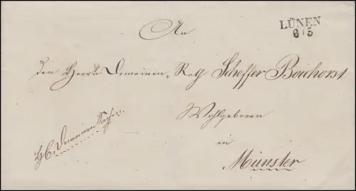 Prusse Vorphilatelie Coque de lettre bi-bi-zeiler LÜNEN 6.5. selon Münster 8.5.