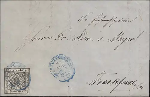 Württemberg 9 Kr. EF Bf. Zweikreisstempel blau STUTTGART 23.8.1852 n. Frankfurt