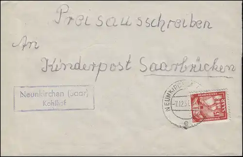 Landpost Neunkirchen (Saar) Kohlhof auf Brief NEUNKIRCHEN 7.12.51 n. Saarbrücken