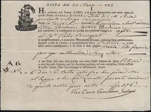 Italien Schiffsbegleitbrief / Connaissemaents von Nizza nach Agde vom 20.3.1783