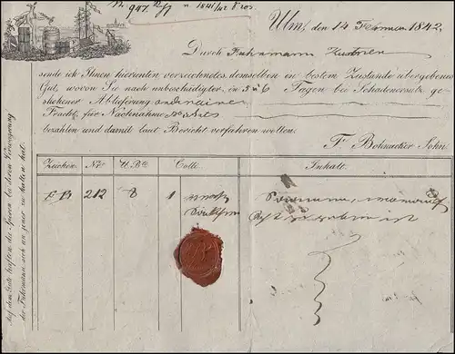 Württemberg Paketbegleitbrief Firma F. Bohnacker aus Ulm 14.2.1842 nach Öhringen