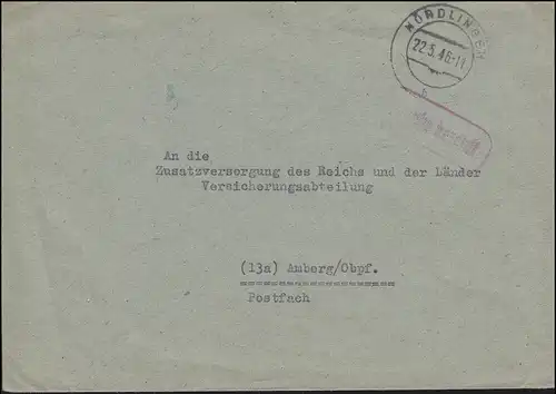 Gebühr-bezahlt-Stempel auf Brief NÖRDLINGEN 22.5.1946 nach Amberg