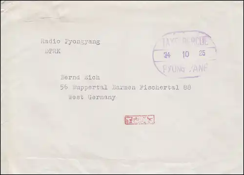 Temple payant TAXE PERCUE sur lettre PYONG YANG 25.10.1974