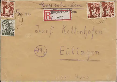 211+215 Freimarken R-Brief Not-R-Zettel BROTDORF über MERZIG 19.3.1947